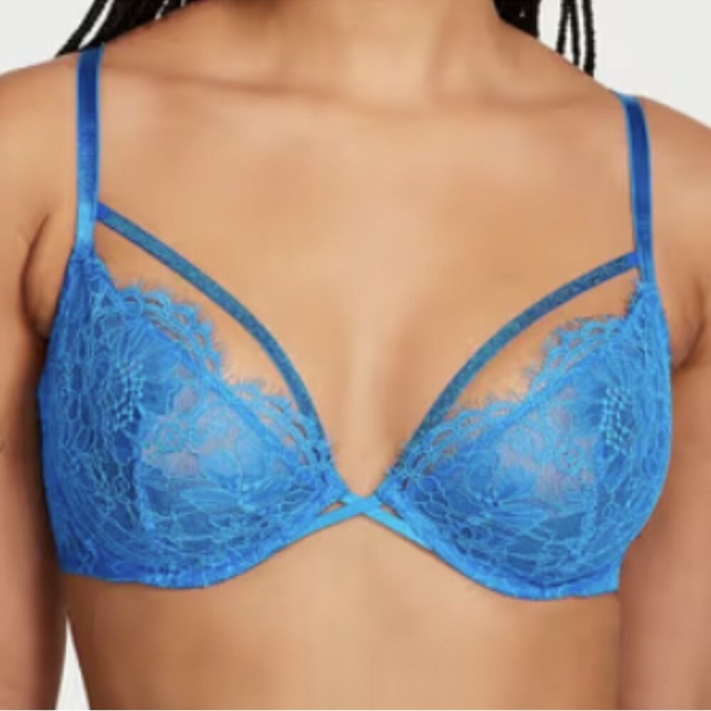 Victoria’s Secret Very Sexy Underwire Unlined Lace Strappy Bra Blue 32DD